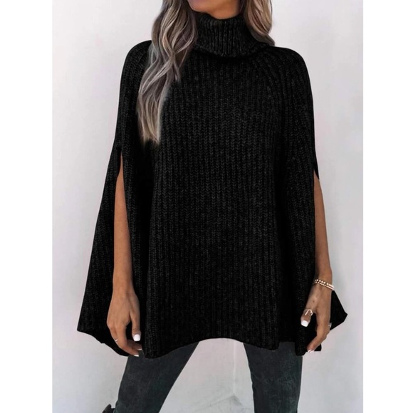 Black Knit Turtleneck Poncho Cloak Sleeveless Sweater - Picture 4 of 15